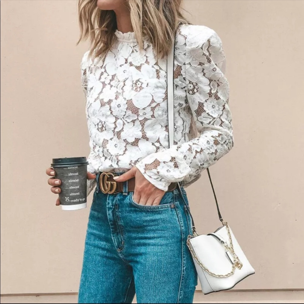 New!  Dreamy White Lace Mock Neck Puff Sleeve Top - Picture 3 of 8